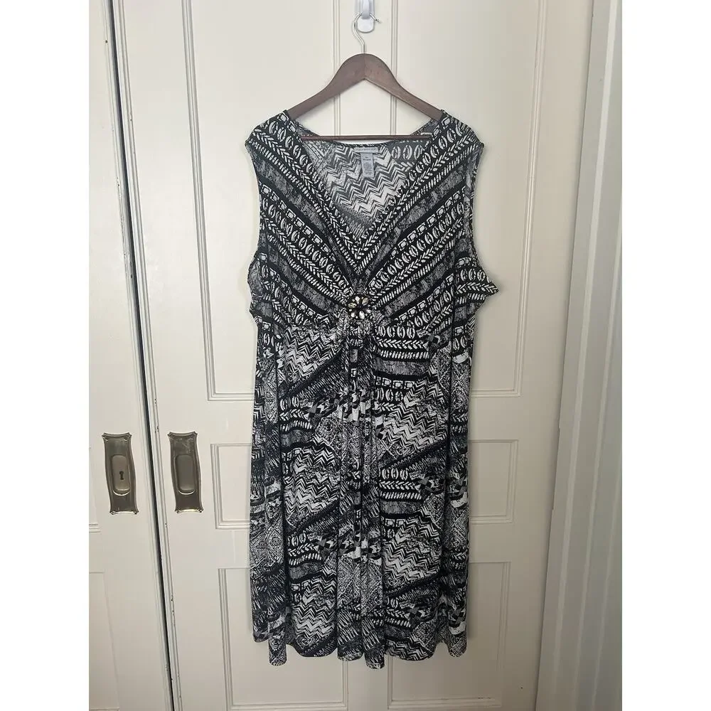 Catherines Geometric Beaded Shift Dress Womens Size 4X Black Ivory Classic